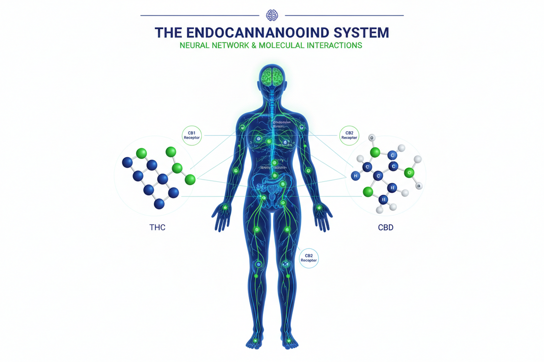 Cannabinoid research illustration showing THC, CBD, cannabis compounds and the endocannabinoid system