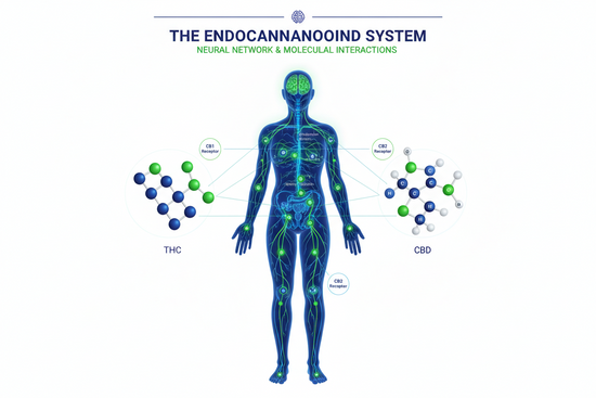 Cannabinoid research illustration showing THC, CBD, cannabis compounds and the endocannabinoid system