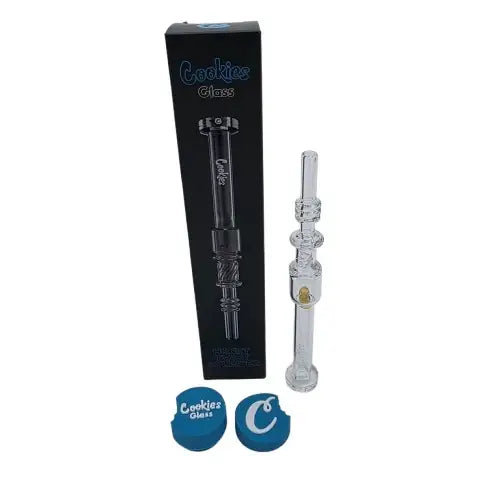 Clear glass Cookies twist cylinder straw kit bong with textured twisted design and gold-colored accents by Adam Michael Tomaine