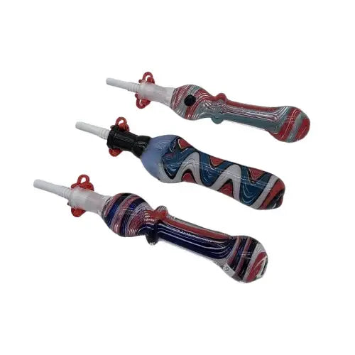Three colorful hand-blown glass bongs with ceramic nail for smooth vapor and pure flavor in VaporGen CN10 6 inch design