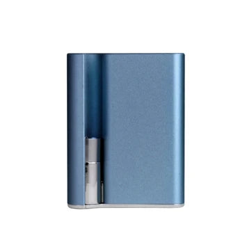A metallic blue rectangular electronic vape device with a small silver cylindrical component on the left side, shown against a plain white background.