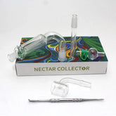 Clear glass nectar collector kit with green silicone grip and silver metal quartz banger in presentation box