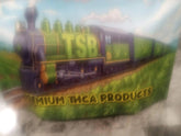Green and black cartoon train with tsb lettering and cannabis leaf design on side in THCa small buds flower quarter pound review
